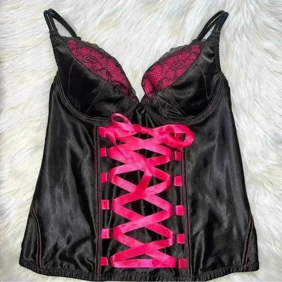 Cacique Corset Top Black Satin Neon Pink with Front Ribbon 14/16 - Picture 4 of 9